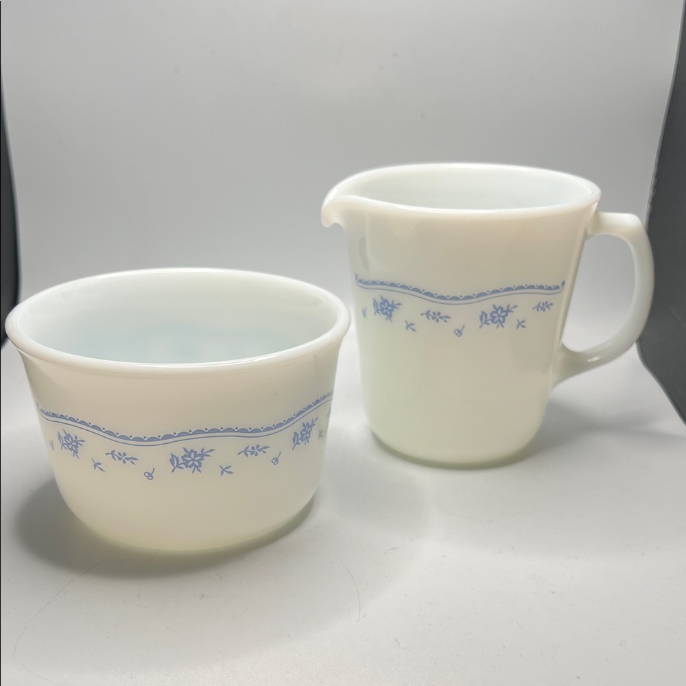 Pyrex vintage White and Blue Floral Creamer & Sugar Bowl Set